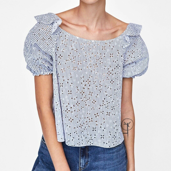 Zara Tops - Zara Blue White Stripe Cutwork Blouse